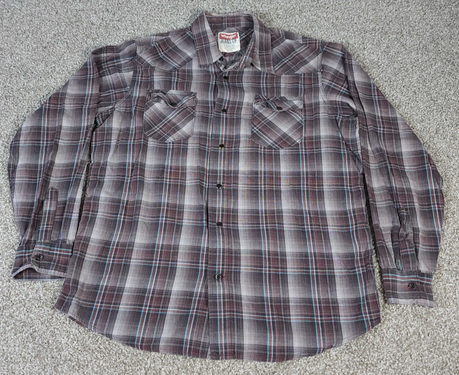 Wrangler Jeans Co Pearl Snap Plaid Western Shirt Men’s Large Brown Cotton LS