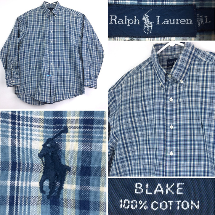 Ralph Lauren Mens Large (52 in Chest) Blue Gray Plaid Cotton ‘Blake’ Button Down