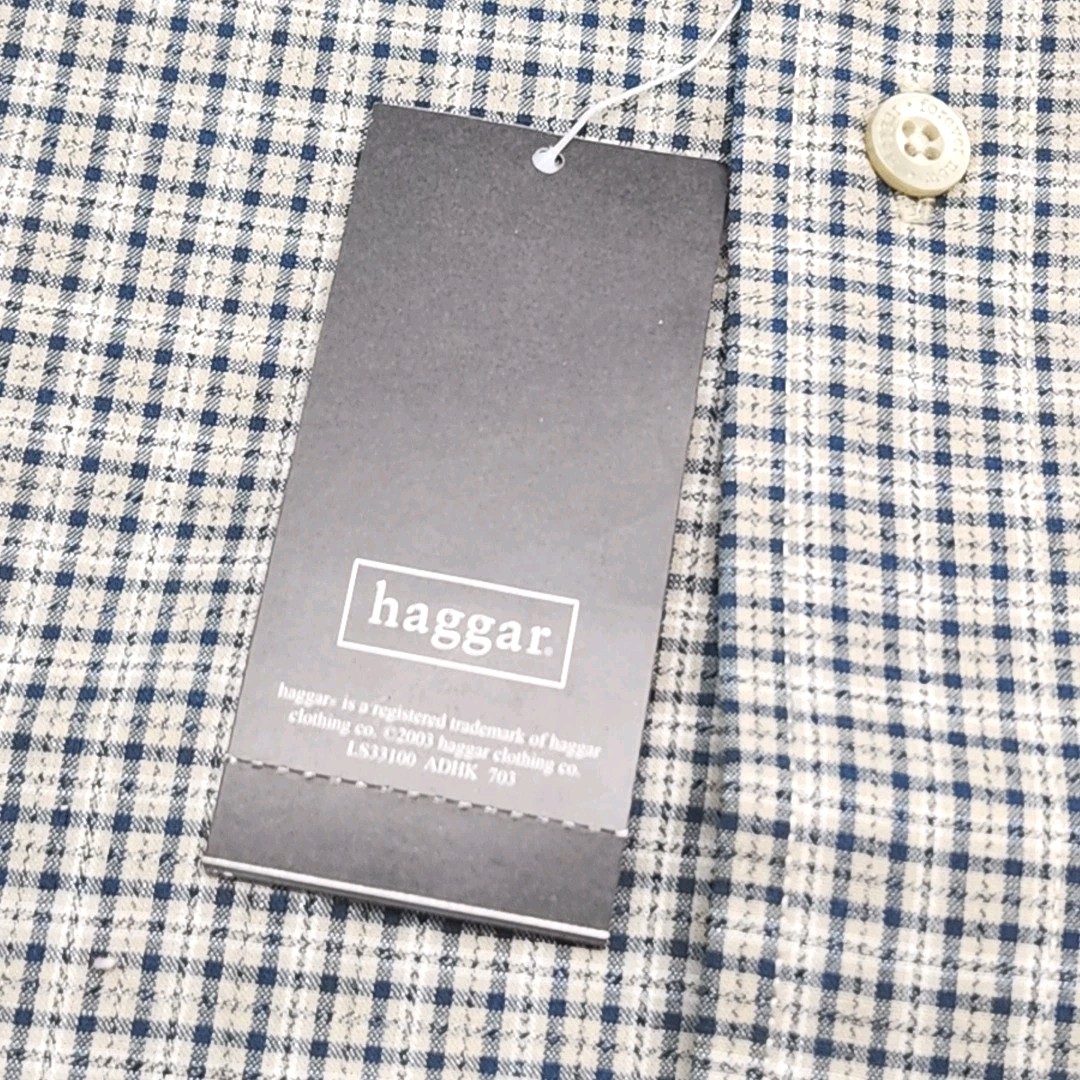 Haggar Shirt Forever New Men Sz Large Blue Tan Plaid Shirt Button Long Sleeve