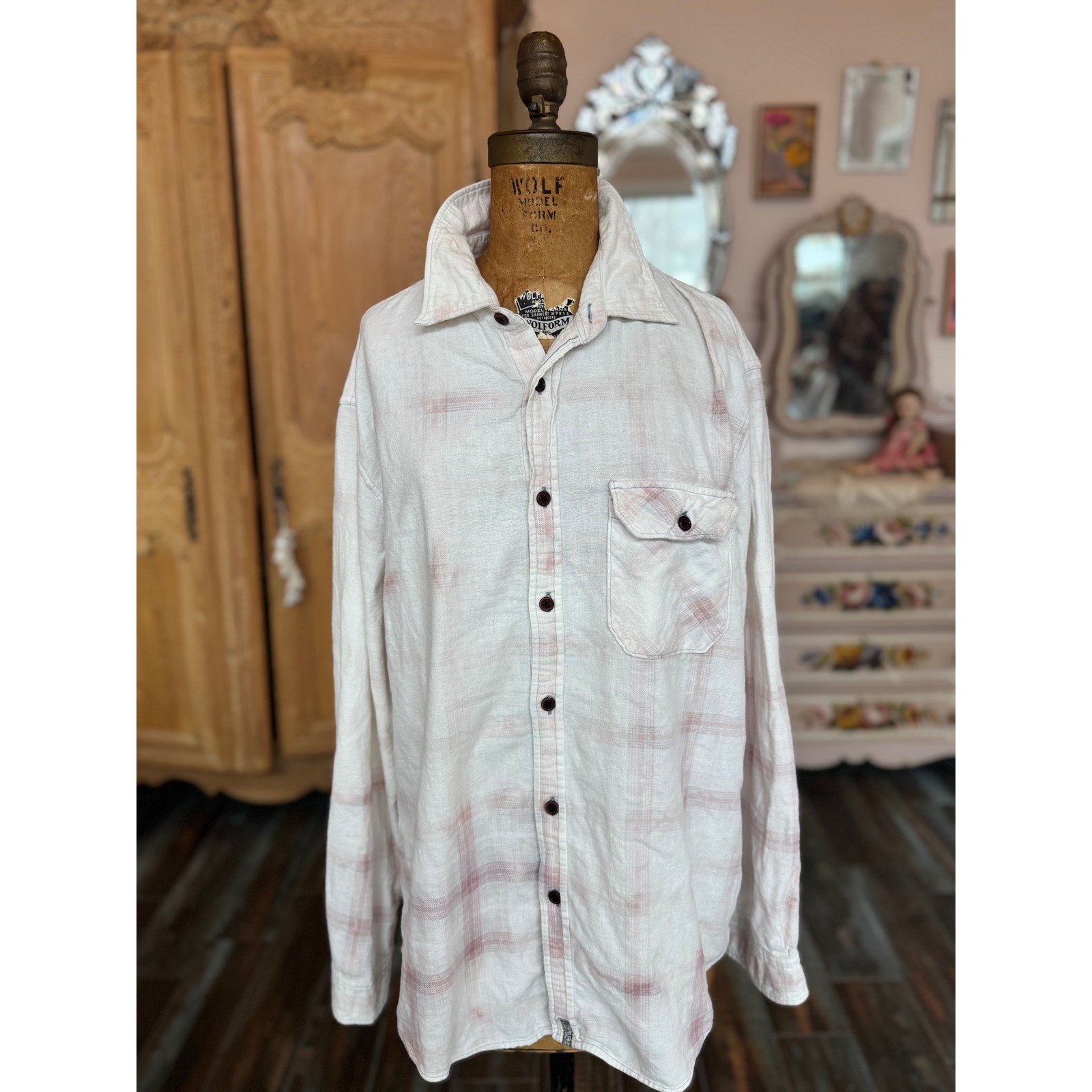 Soft Power Deer Flannel XXL Pink White Bleached Folk Art Shirt Polo Brand
