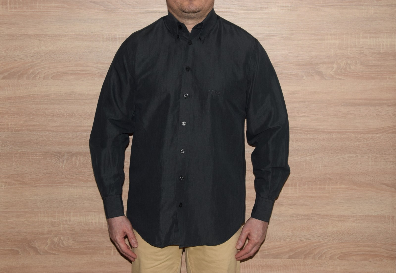 MEN’S VINTAGE VERSACE CLASSIC V2 LINEN-LIKE SHIRT Sz. 15.5/39 (~M) P2P 22″ ITALY
