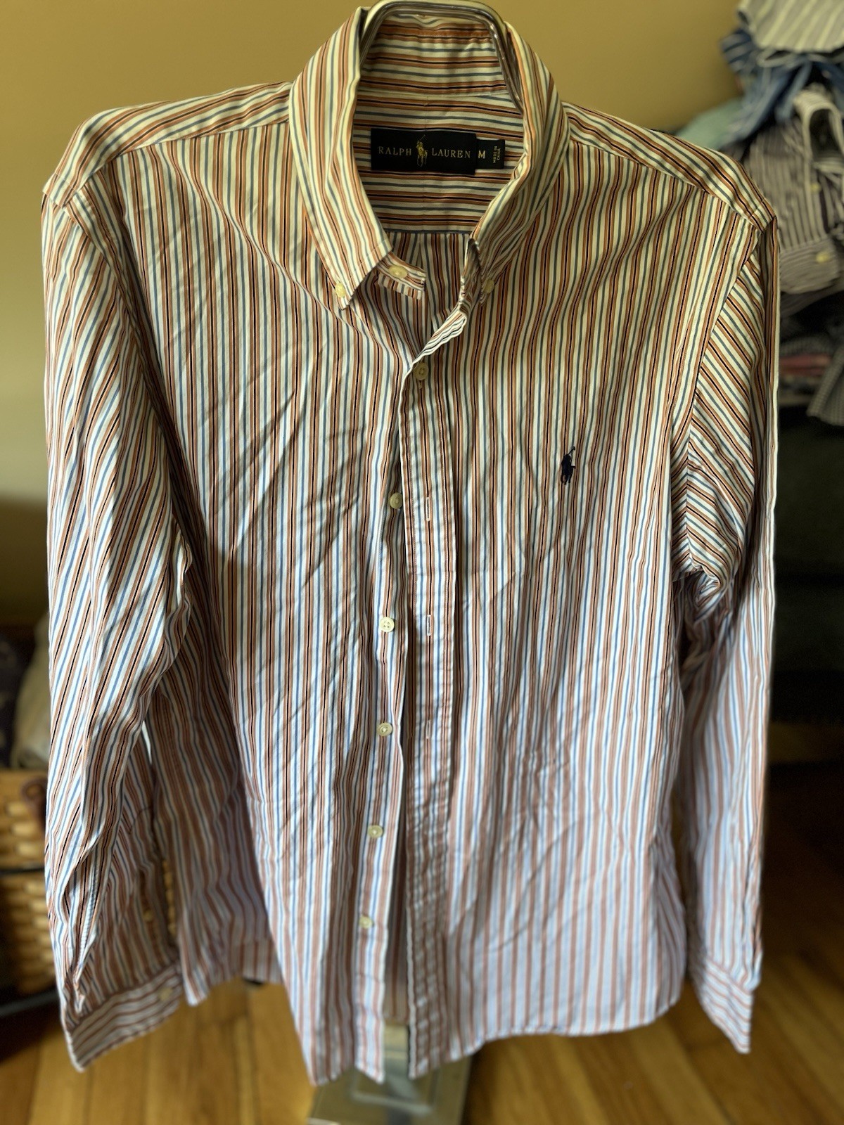 Mens Ralph Lauren Blue/White/Orange Striped Long Sleeve Button Shirt Size M
