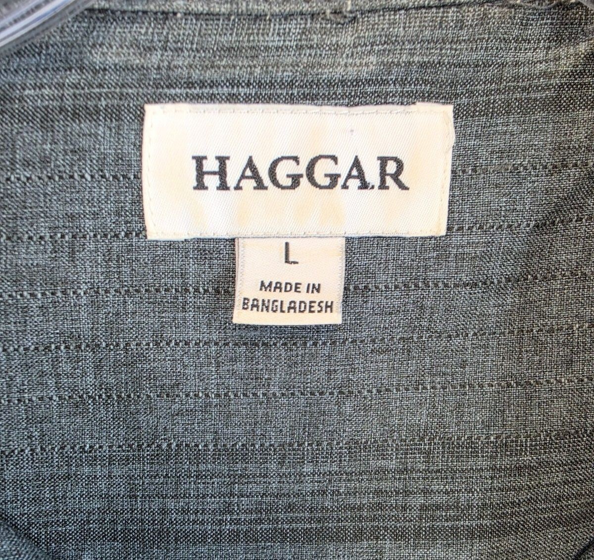 Haggar Men’s Large Short Sleeve Button-Up Shirt Gray Striped 100% Polyester