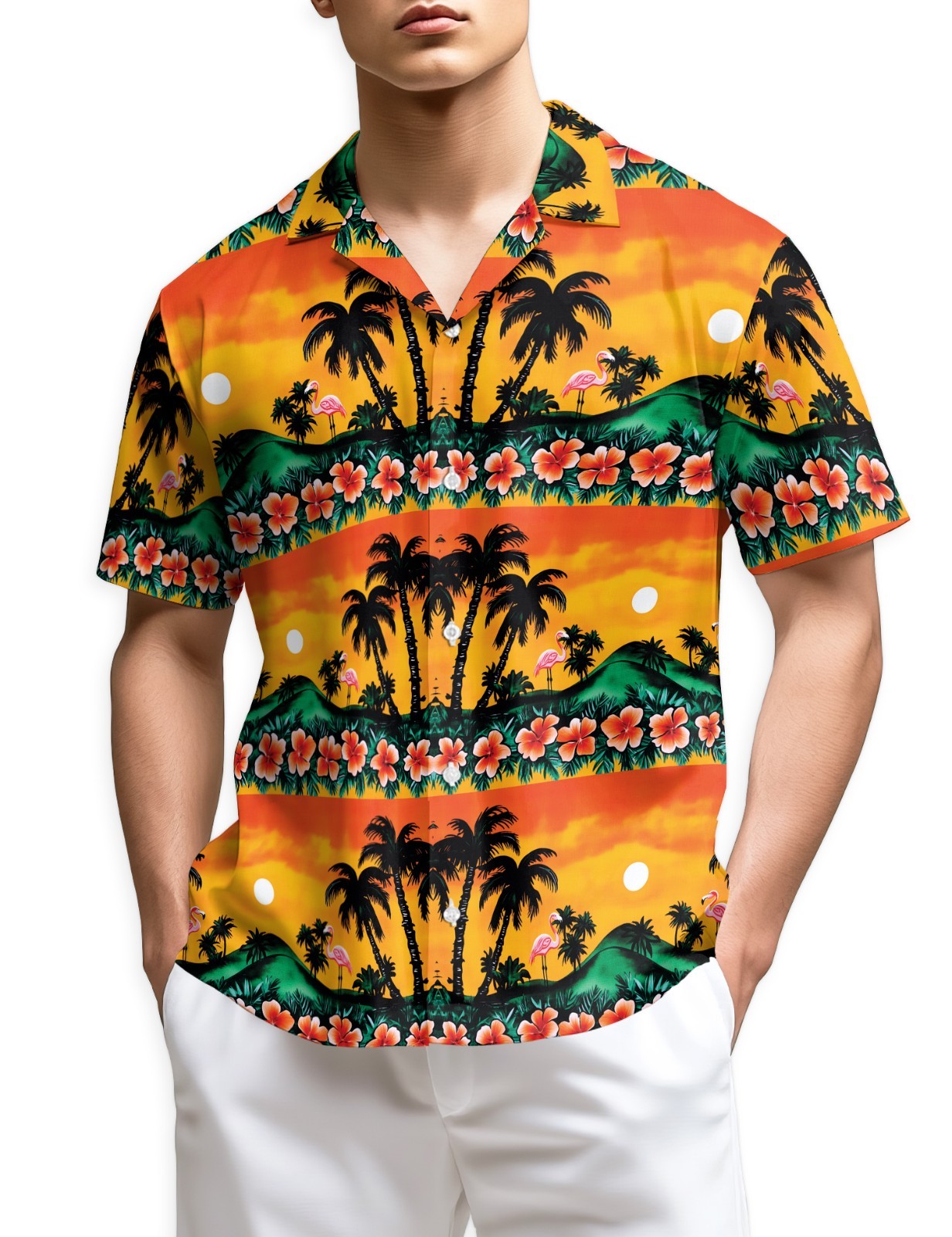 Orange Flamingo Hawaiian Shirt Tropical Sunset Beach Aloha Summer