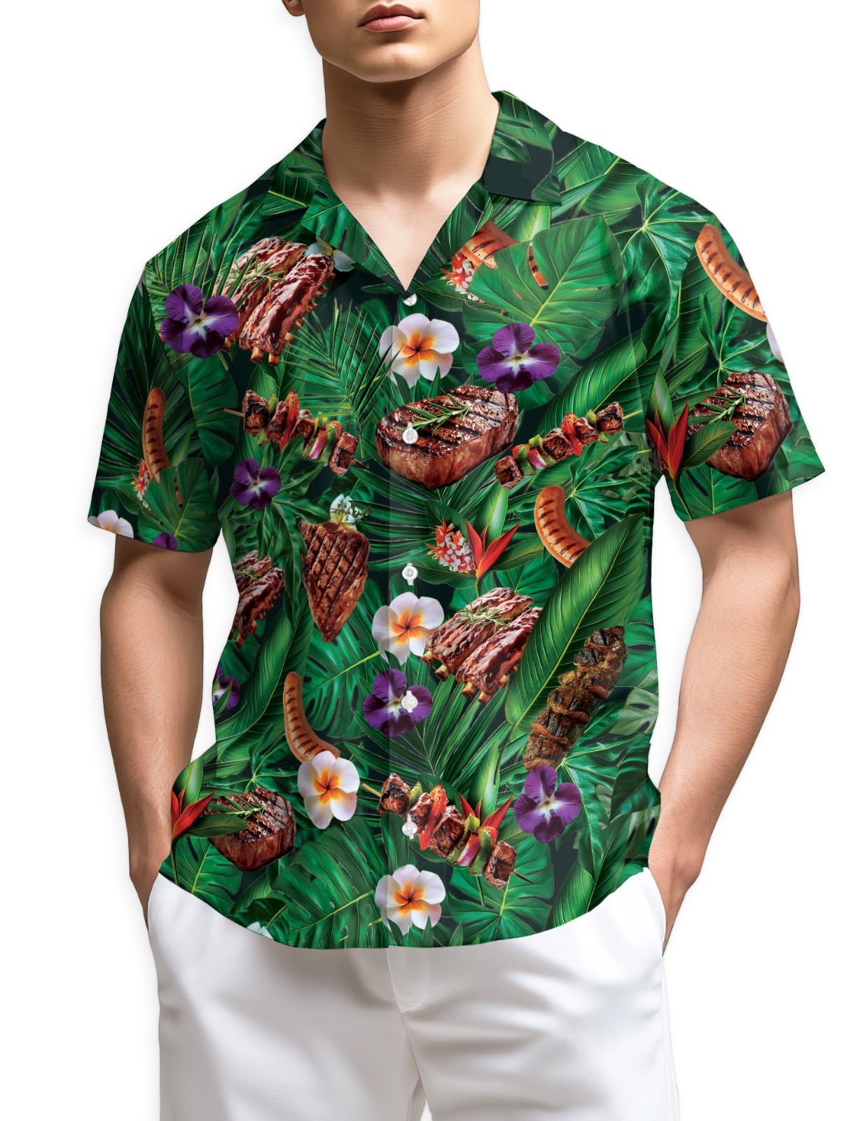 BBQ Lovers Hawaiian Shirt Green Floral Grill Party Aloha Summer