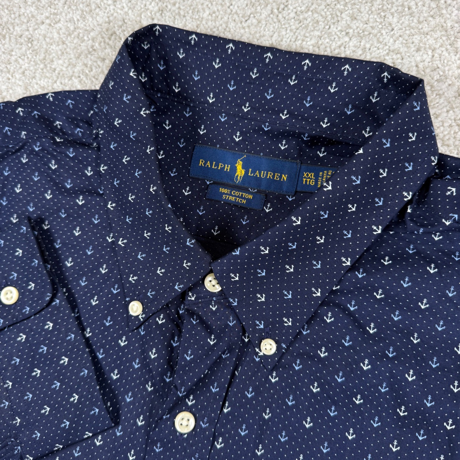 Ralph Lauren Button Down Men XXL Navy Anchor Print Cotton Stretch Long Sleeve