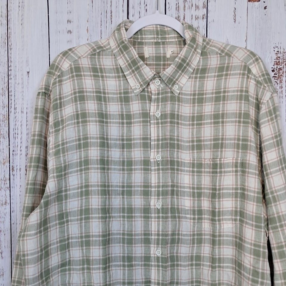 NWOT TAYLOR STITCH Mens 44 The Jack in Palm Plaid Linen Shirt Green Ivory Oxford