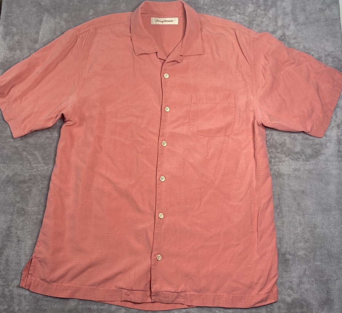 Tommy Bahama 100% Silk Camp Shirt Sleeve Button Up Color Coral Size Medium