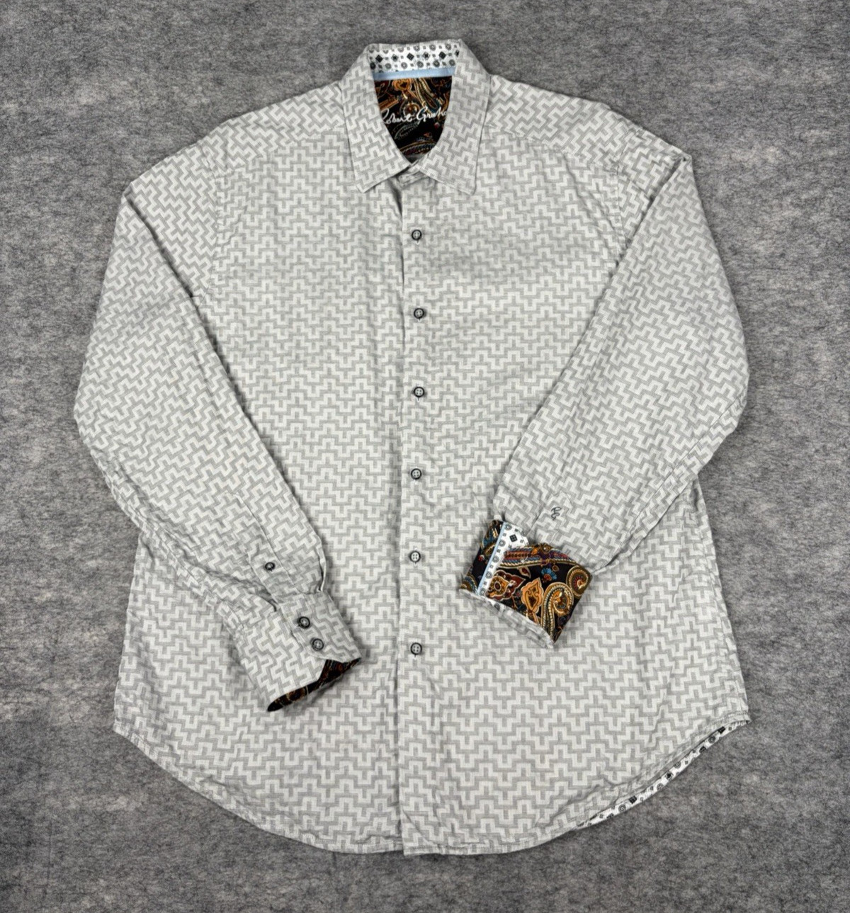 Robert Graham Shirt Mens L Gray Maze Print Paisley Flip Cuff Long Sleeve