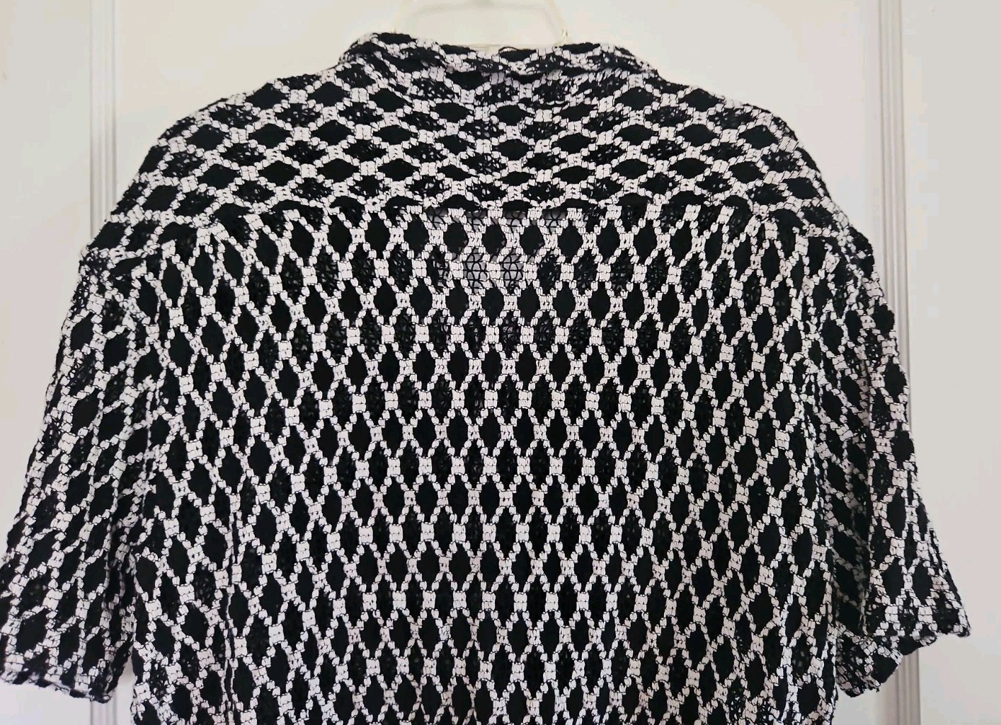 Massive Luxury Black & White Diamond Crochet Polo Button Down Shirt in Men’s L