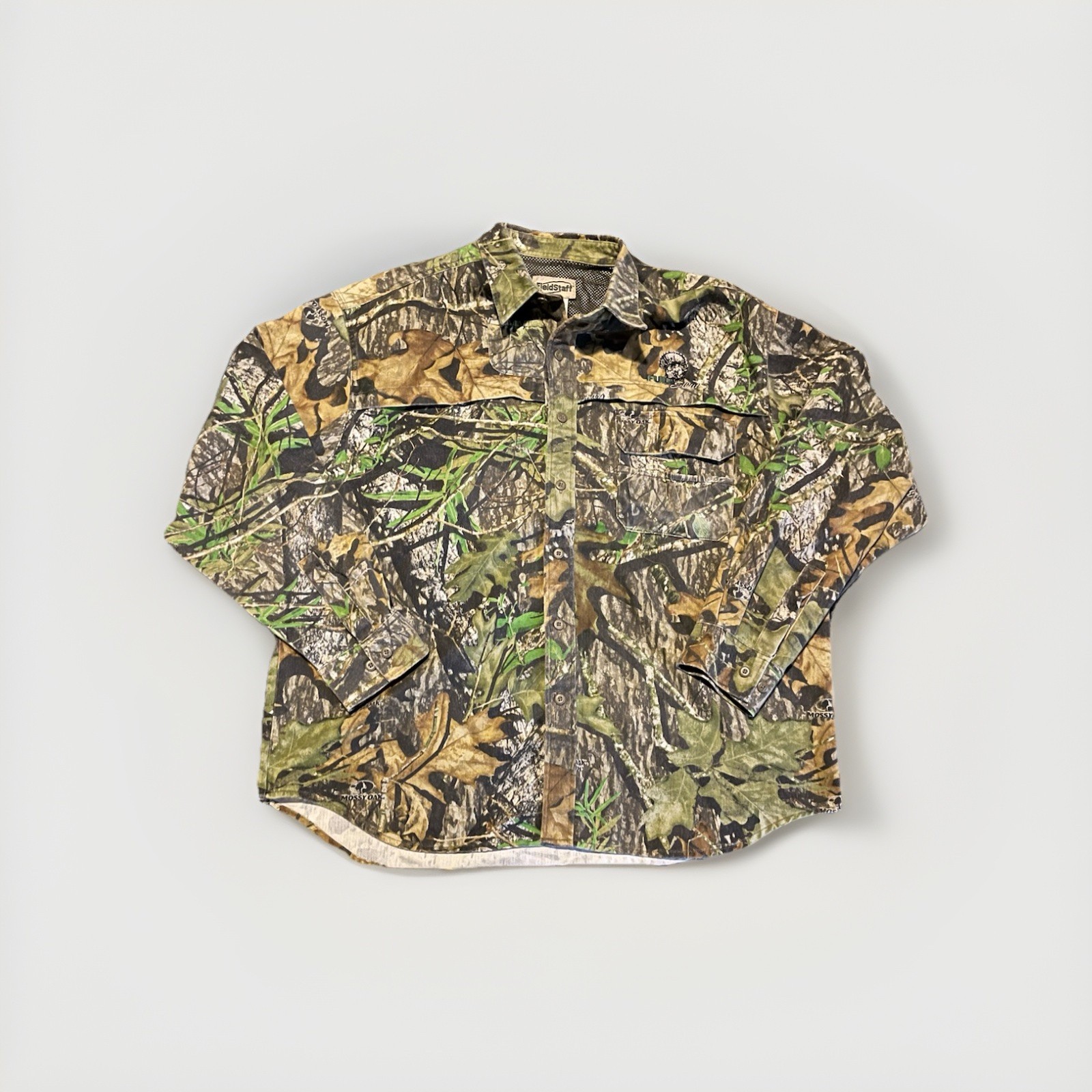 Vintage Field Staff Mossy Oak Shirt Mens XL Break Up Camo Hunting Fishing Retro