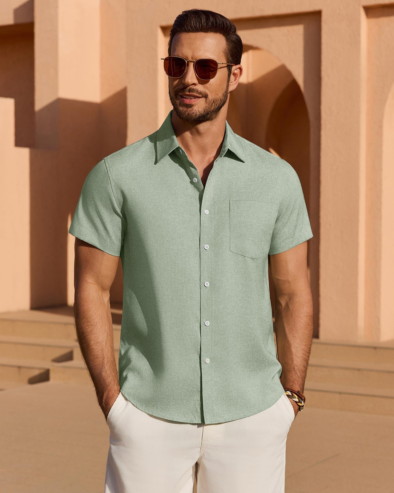 Mens Linen Shirt Short Sleeve Wrinkle Free Button Down Casual Untucked Beach