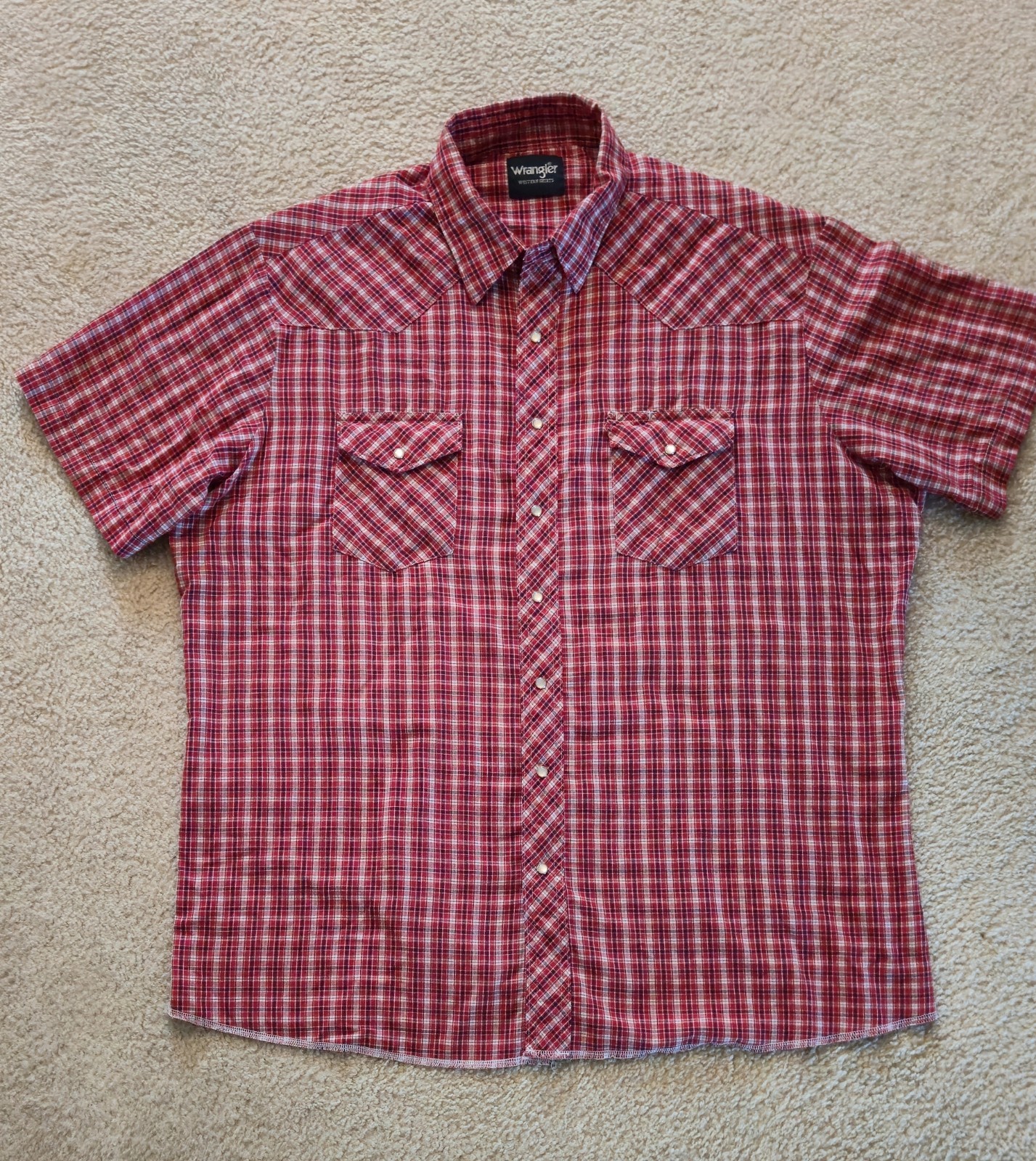 Wrangler Men’s 2XL Red White Blue Plaid Western Short Sleeve Button-Up Pockets