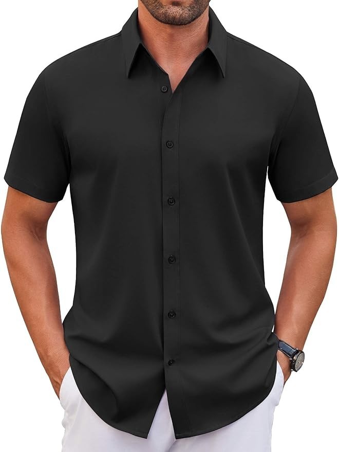 COOFANDY Men’s Stretch Dress Shirts Short Sleeve Button Down XXL Black