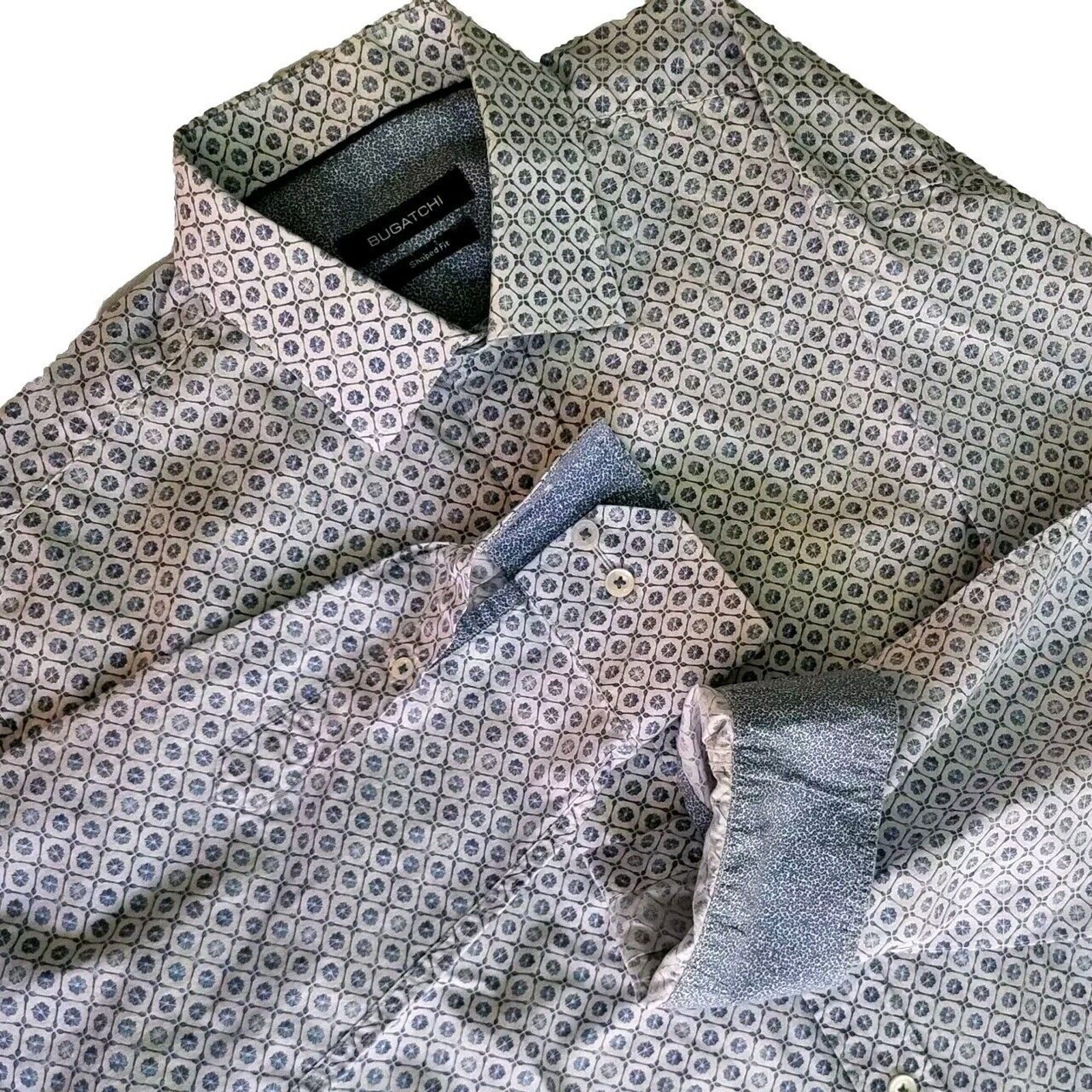 Bugatchi Men’s Blue Floral Long Sleeve Dress Shirt Convertible Flip Cuff Large