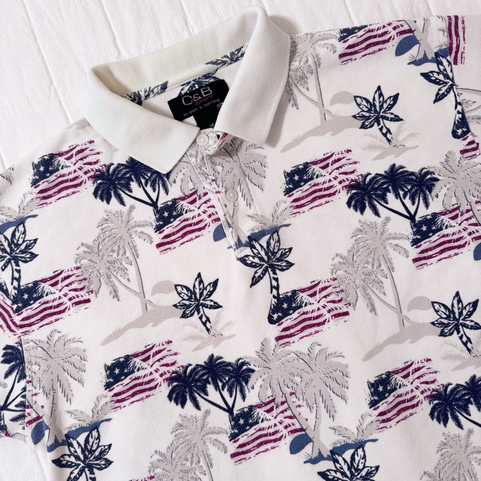Men’s American Flag Hawaiian Print Polo MEDIUM C&B Sport Patriotic 100% Cotton