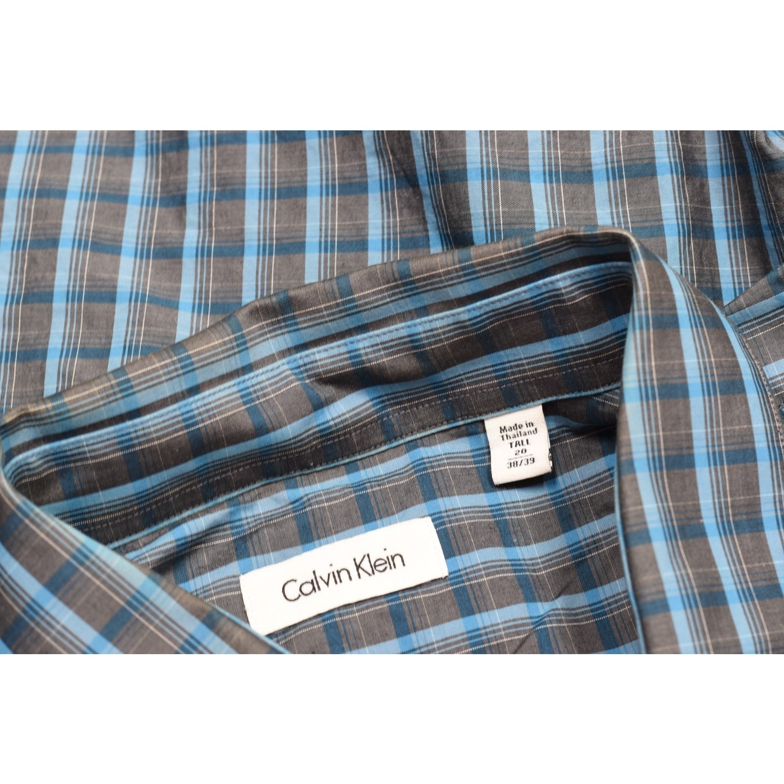 Calvin Klein Tall 20 Blue Gray Plaid Long Sleeve Button Down Shirt 38/39 Chest E