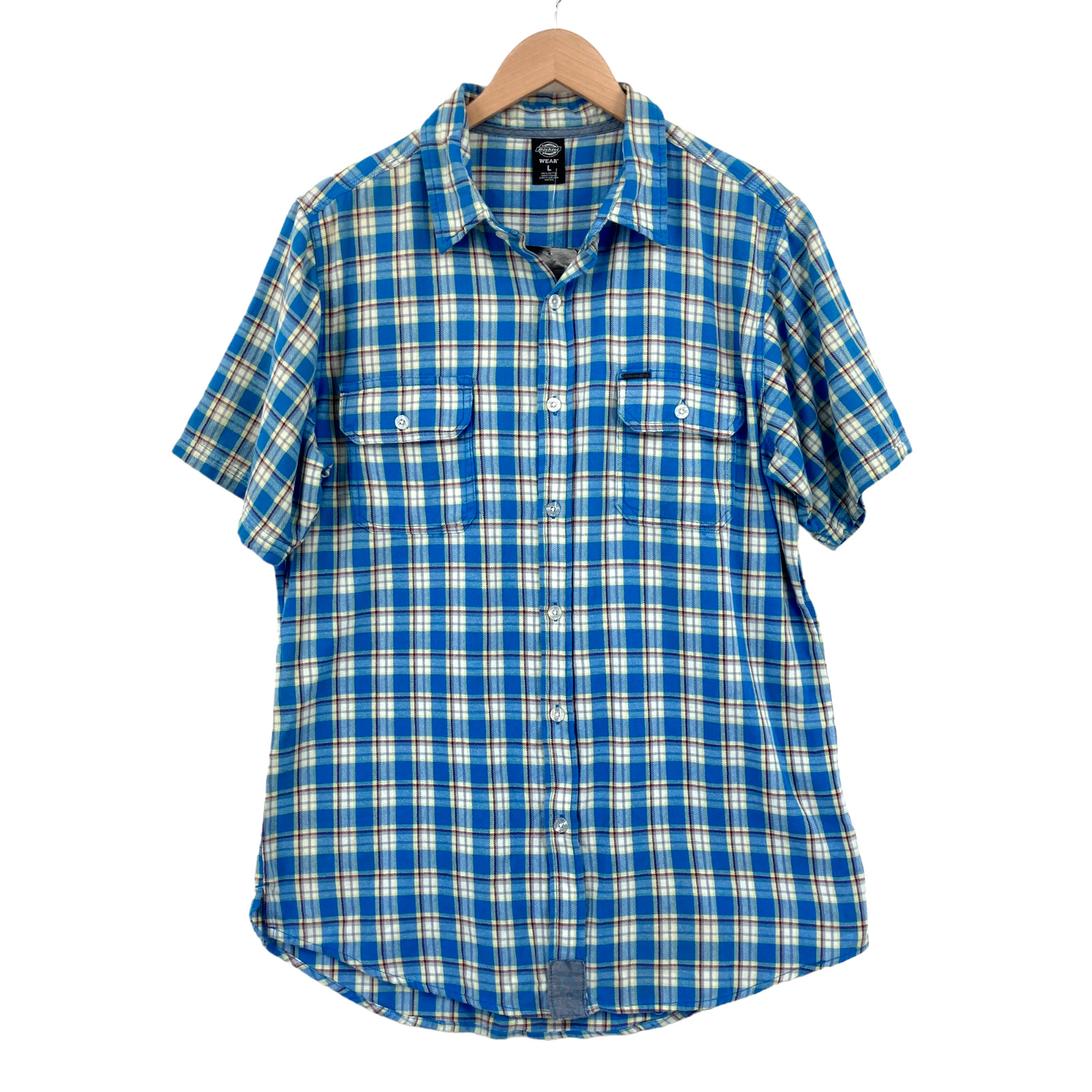 Dickies Button Up Shirt Mens Large Blue White Plaid 100% Cotton Pockets Slit