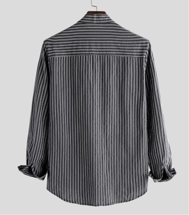 Mens Long Sleeve Retro Striped Shirt Collarless Grandad Casual Dress Shirts Tops