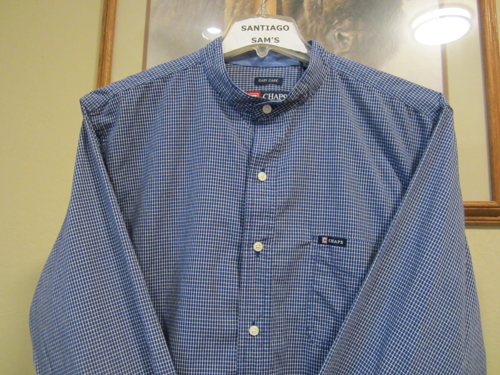 XL 17.5-34/35 CHAPS EASY CARE COTTON/POLY CHECK PLAID COLLARLESS WESTERN SHIRT