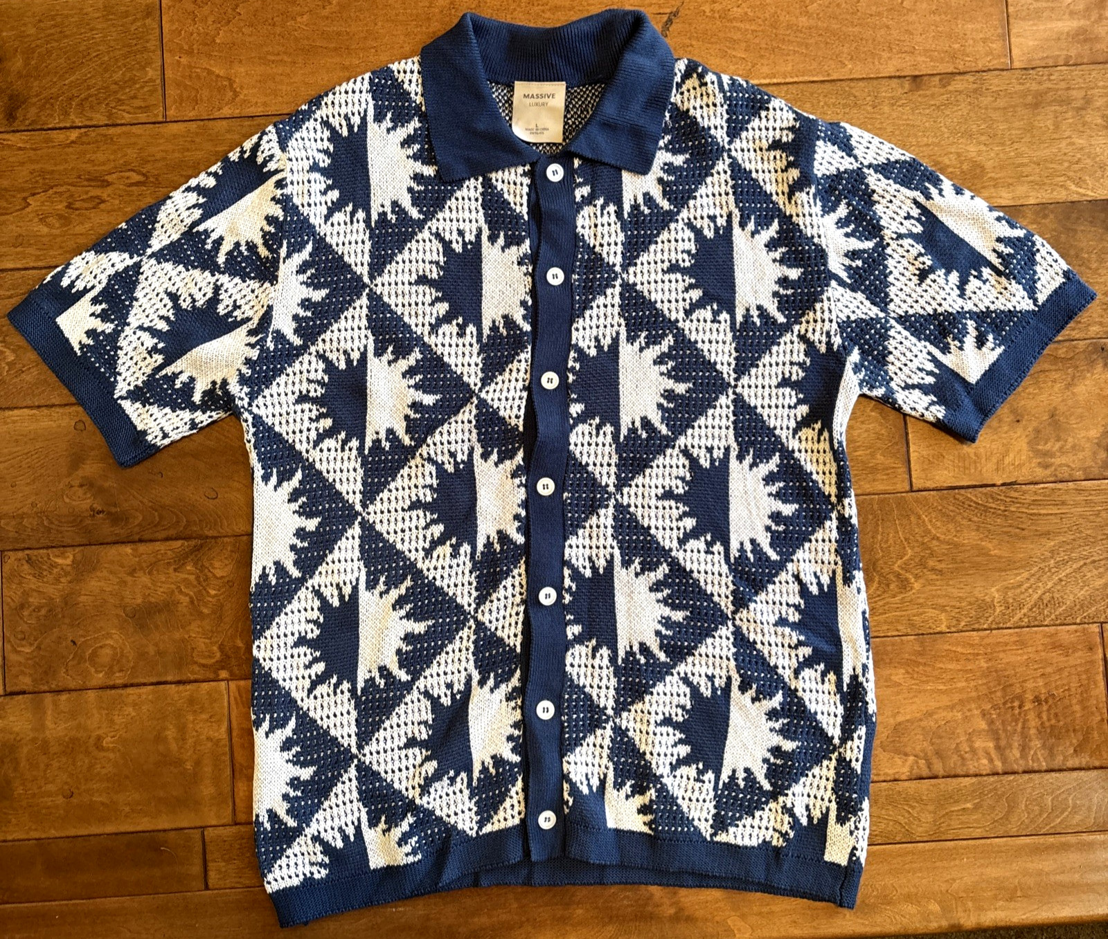 Massive Luxury Men Sweater Blue Crochet Knit Polo Shirt Button Sz L NWOT