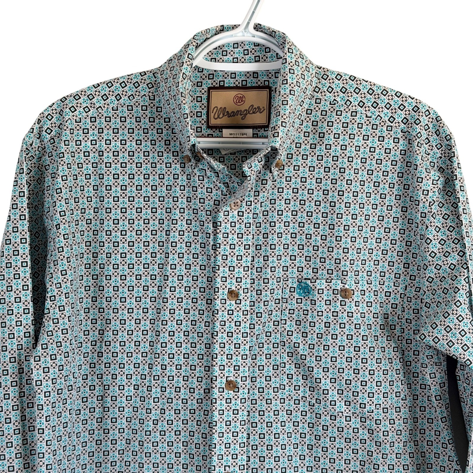 Wrangler Western Shirt Button Down Stretch Mens S Blue Geometric L/S MG2178M