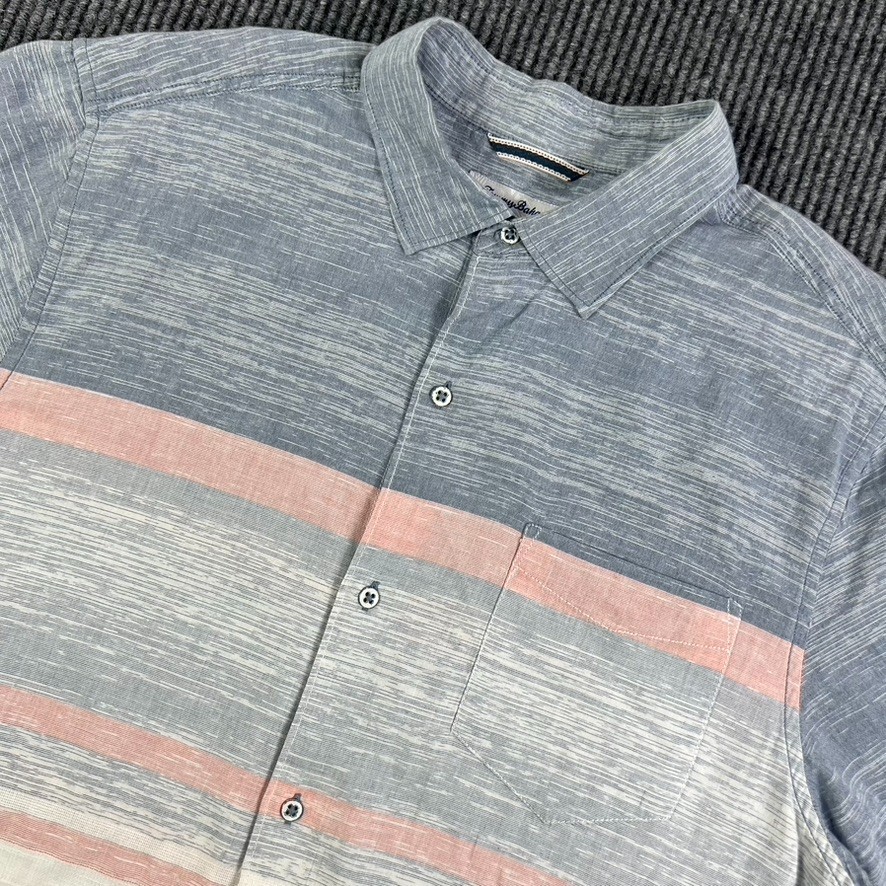 Tommy Bahama Mens Large Oceana Multi Stripe Pocket Button Shirt Slit ShortSleeve