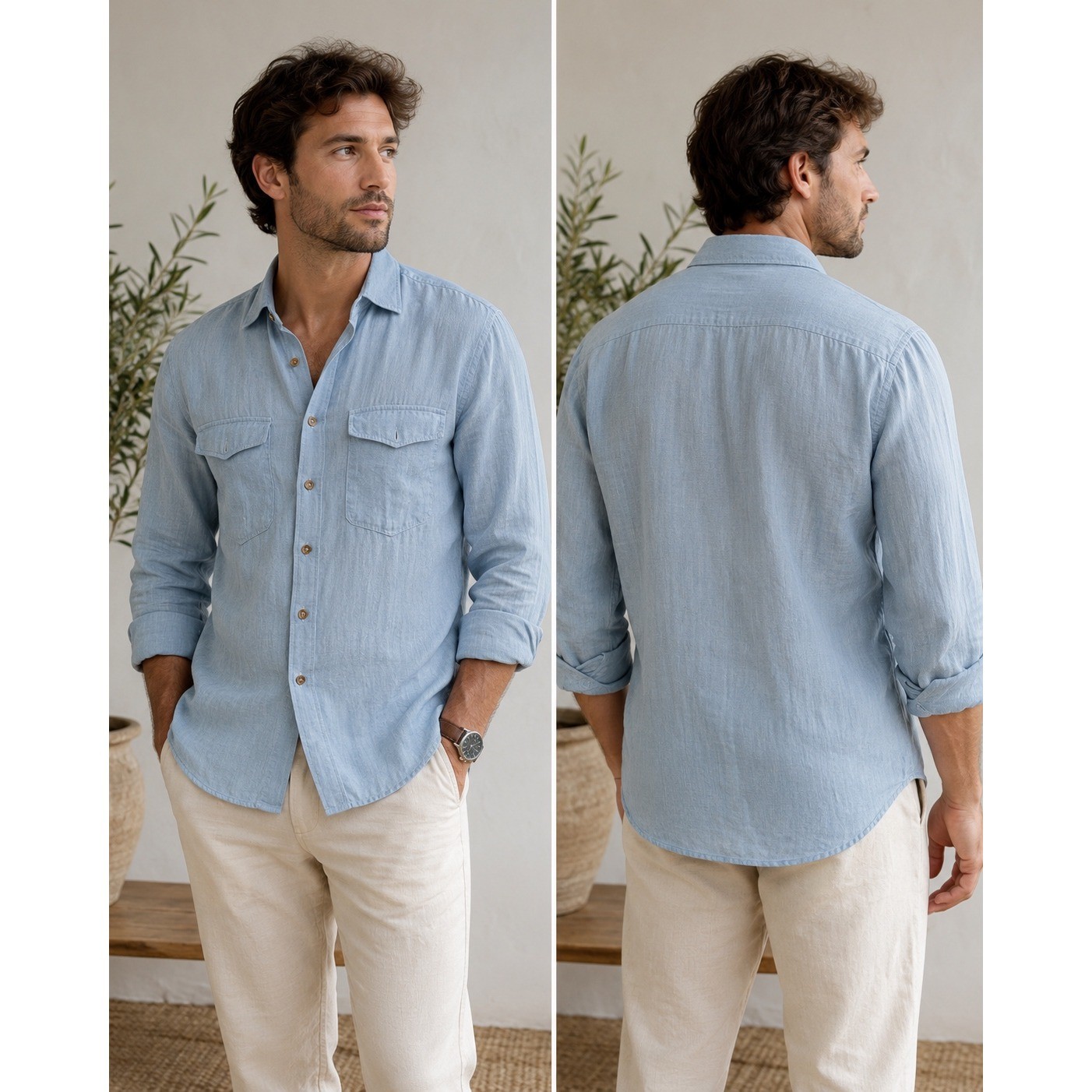 Manuel Ritz Pipo Mens Blue Linen Button Down Shirt Made in Italy 40 M