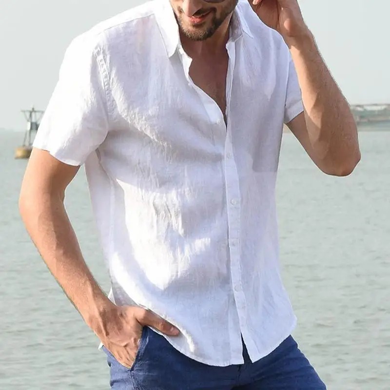 2026 NEW Men’s Summer Cotton Linen Short Sleeve Shirt Casual Solid Button-Down
