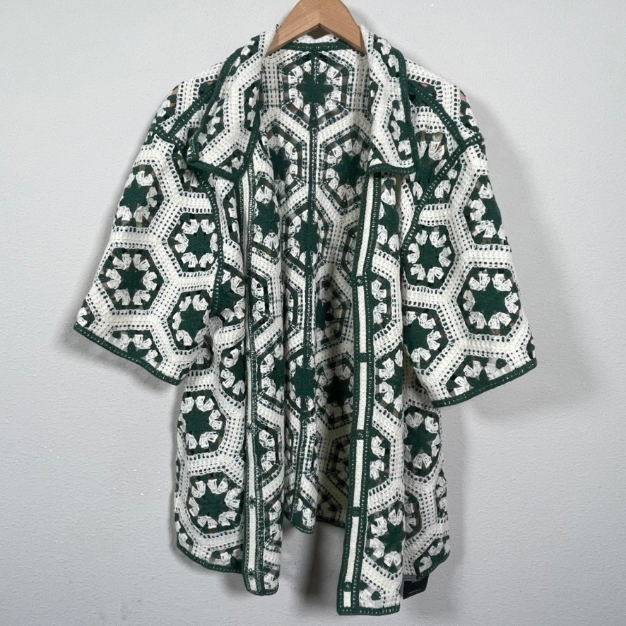 SUMWON Knit Cardigan Mens XL Green White Resort Coastal Crochet Shirt Retro NWT