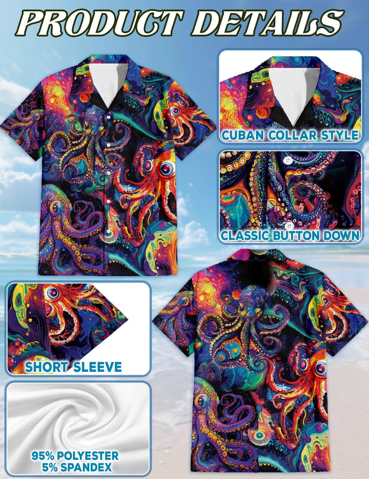 Octopus Hippie Hawaiian Shirt Ocean Animal Retro Summer Button Up