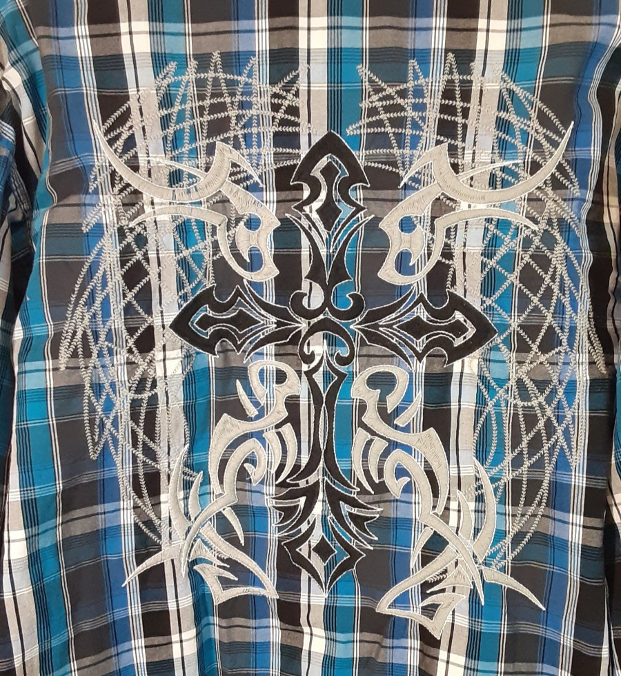 🤠 Panhandle Slim Men’s Western Pearl Snap Shirt Blue Plaid Embroidered Size XL
