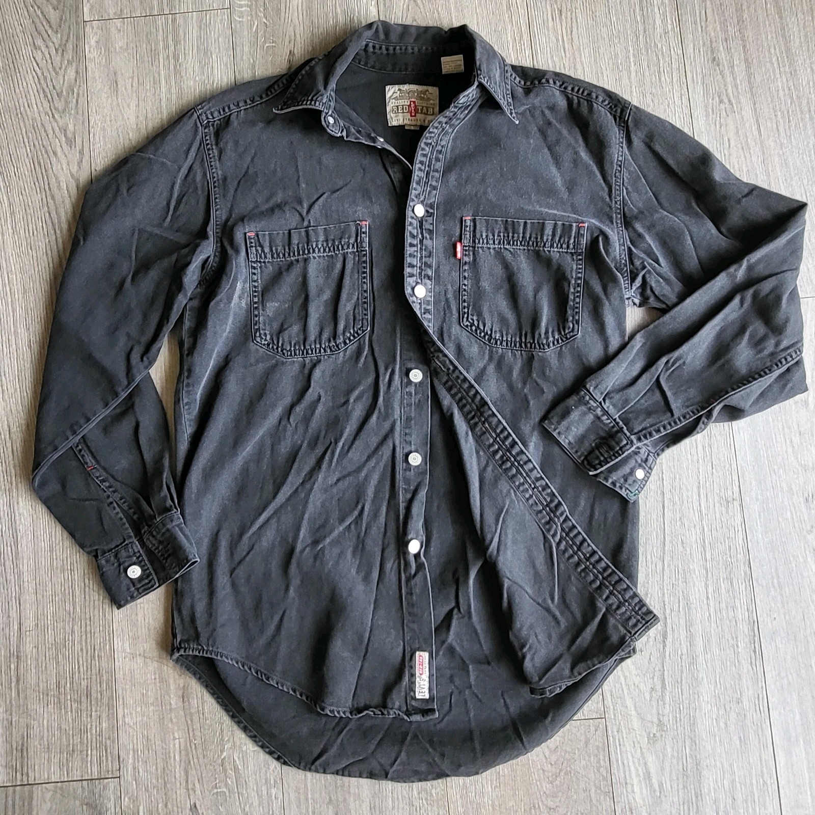 Vintage Levis Red Tab Black Denim Shirt Mens Small Faded Workwear Button Up 90s