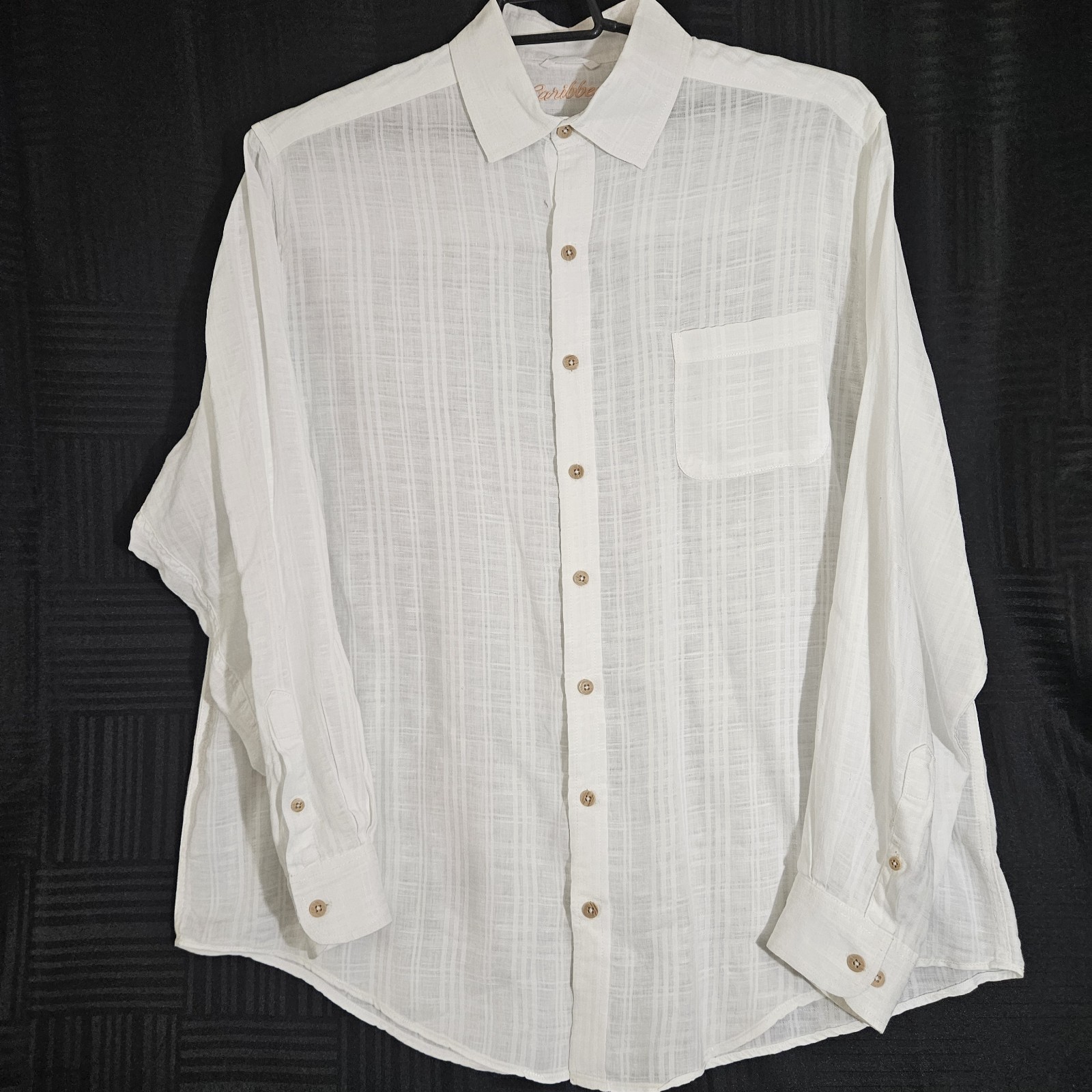 Caribbean Men’s XLTall White Button Front Shirt Beach Wedding Sheer Cotton As Is