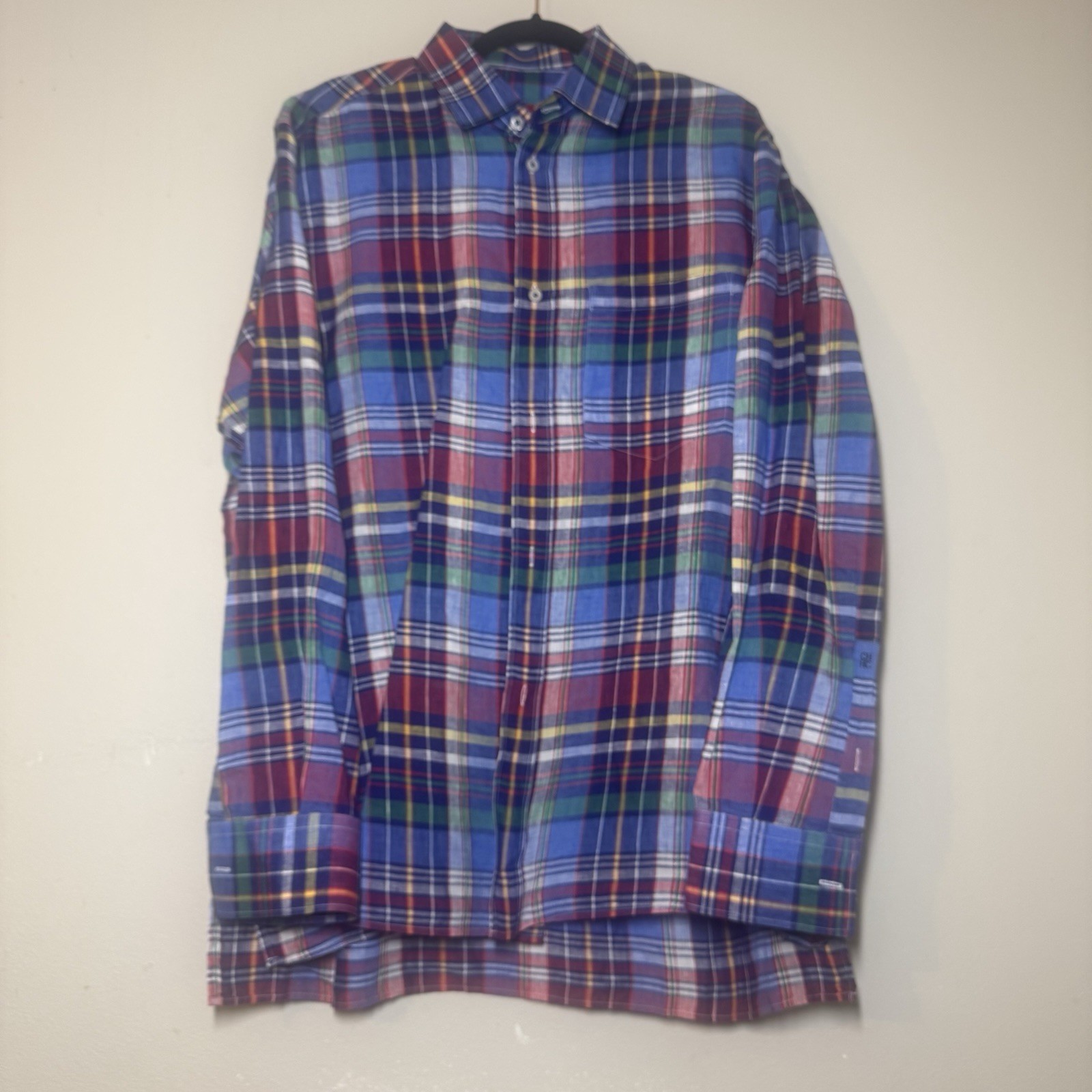 Carolina Herrera Plaid Linen Shirt Men’s Size Large Front Pocket Button Down