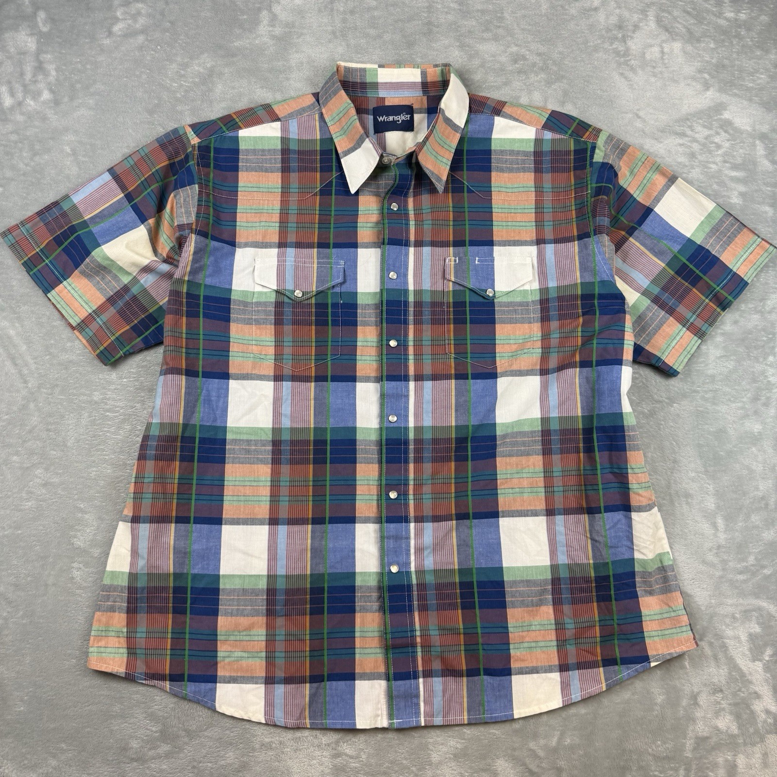 Wrangler Y2K Plaid Pearl Snap Western Shirt Men’s XL Short Sleeve Cotton