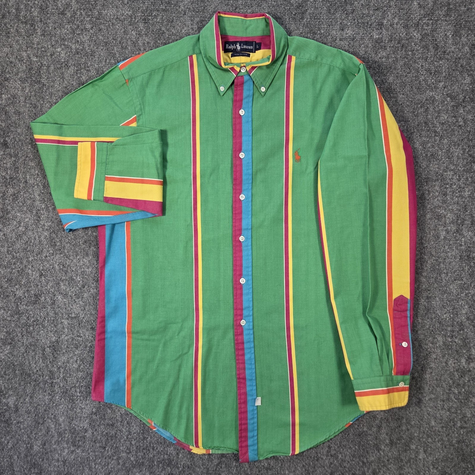 Vintage Ralph Lauren Shirt Mens Large Green Pink Colorblock Striped Button Down