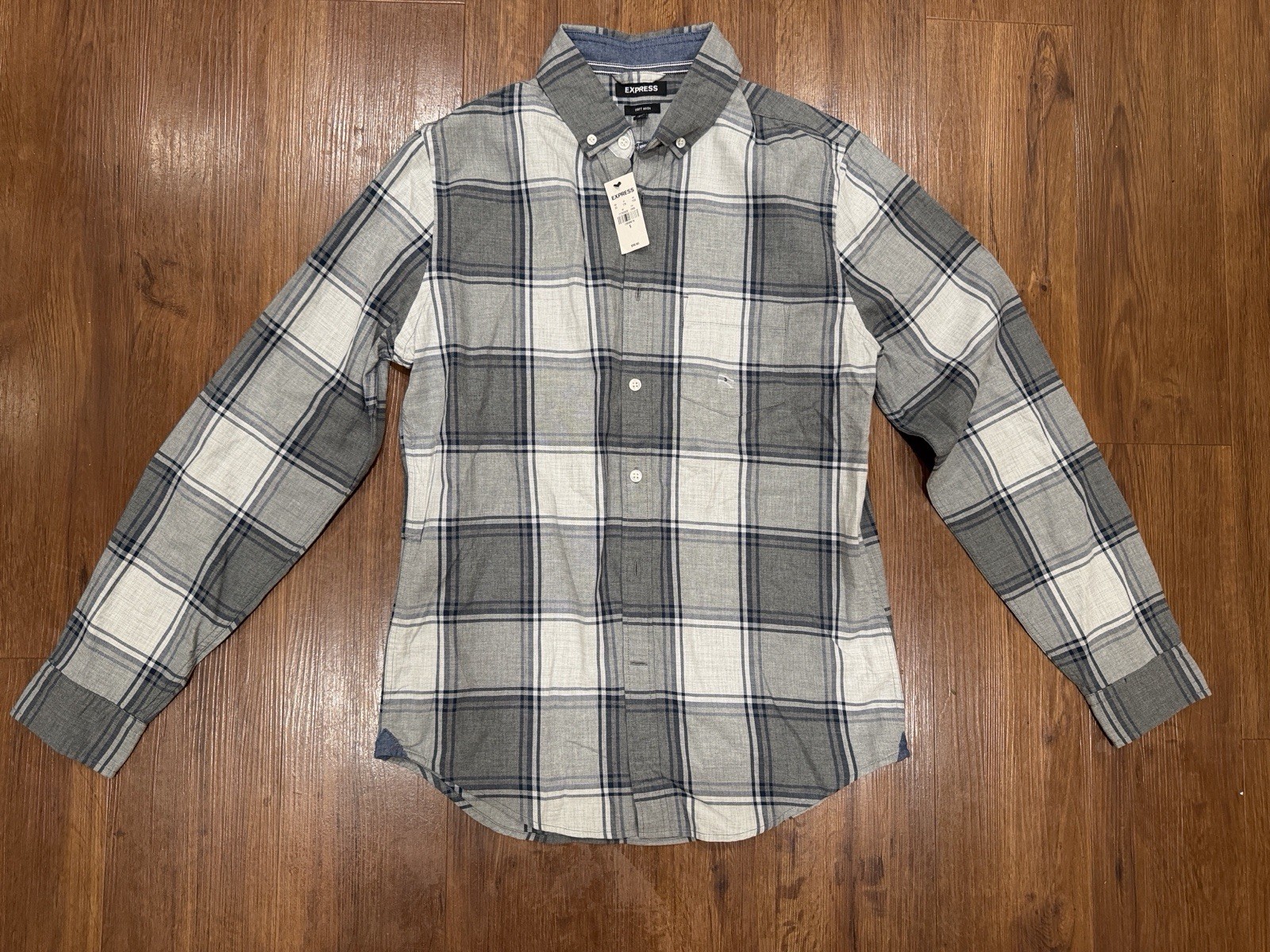 NEW Express Men’s Plaid Button Down Shirt Long Sleeve Gray Blue Size S NWT