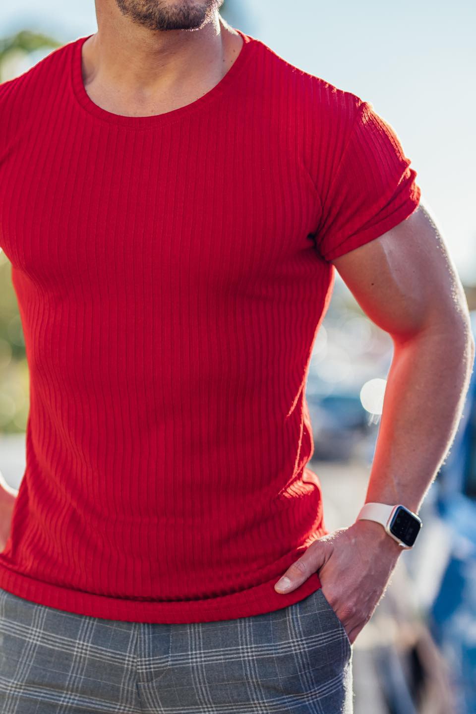 Men’s summer sports casual stand collar vertical stripe crew neck T-shirt