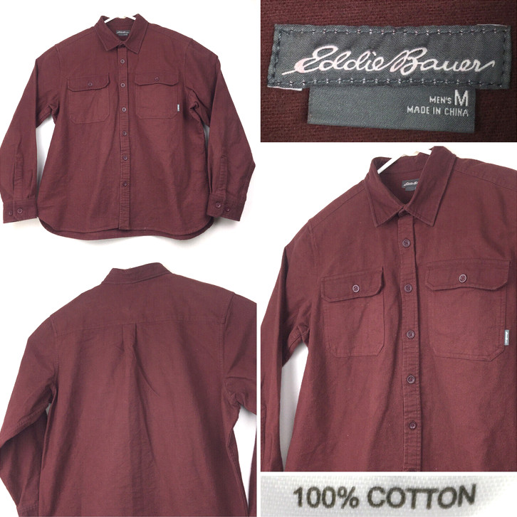 Eddie Bauer Mens Medium (44 in Chest) Dark Red Cotton Brushed Chamois Flannel