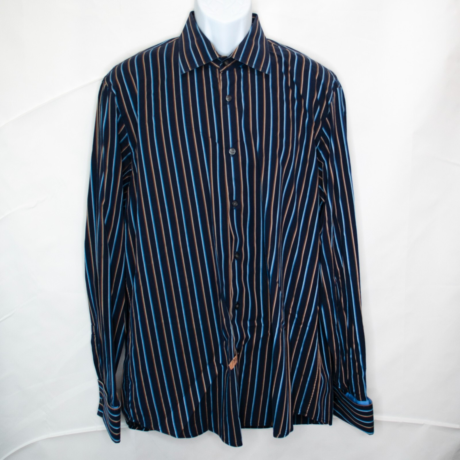Hugo Boss French Cuff Button Down Shirt Mens XL 17.5 Blue Long Sleeve Stripe X13