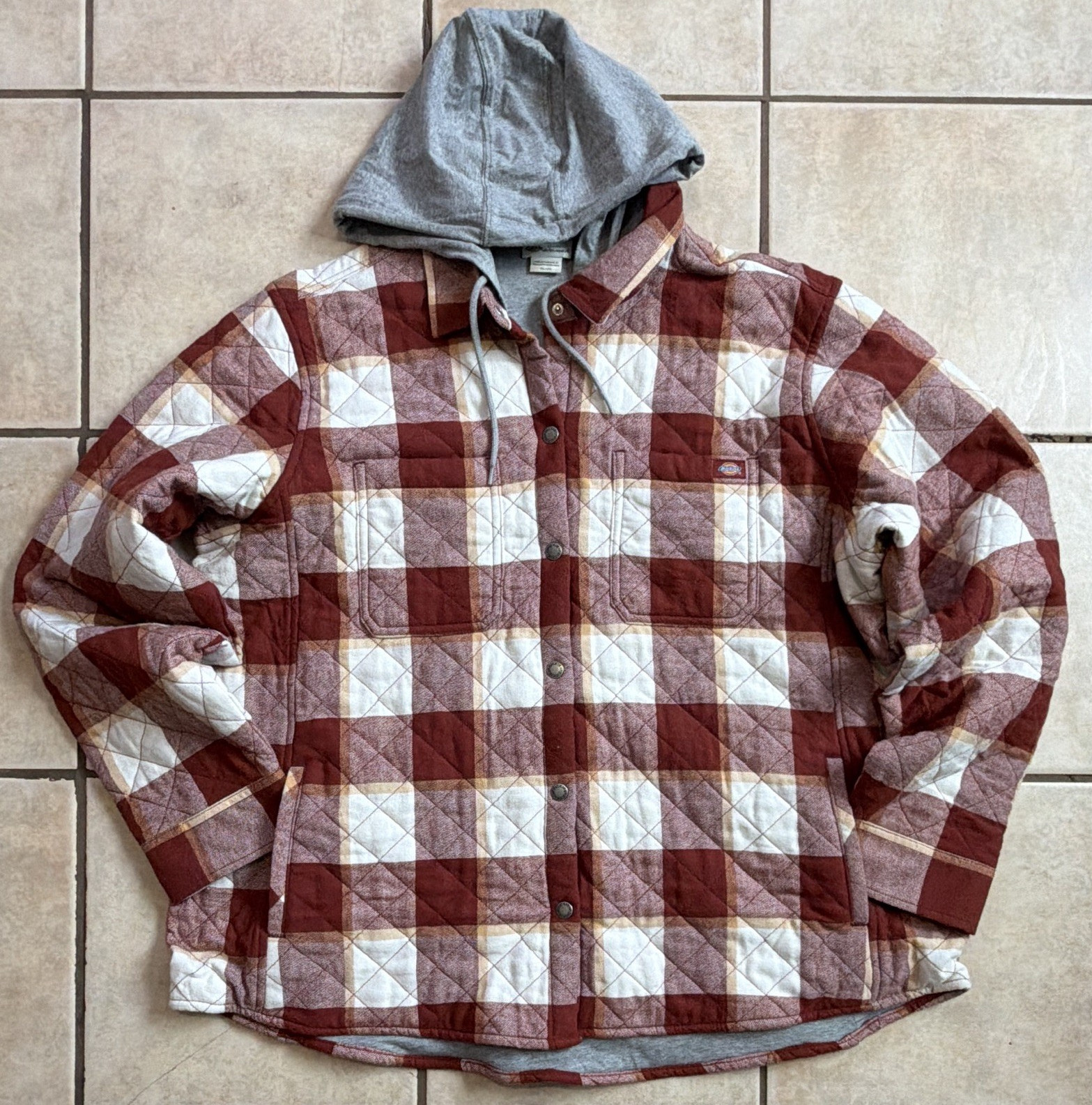 Men’s 2XL Red/White Plaid Flannel Cotton Hooded Button-Up Shirt Chest Pocket