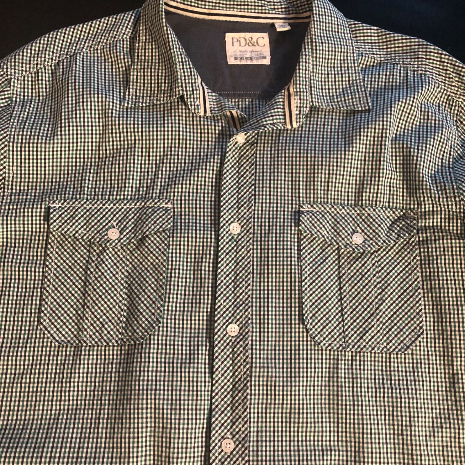 PD&C XL Men’s Long Sleeve Shirt 100% Cotton ButtonUp Green White & Black Plaid