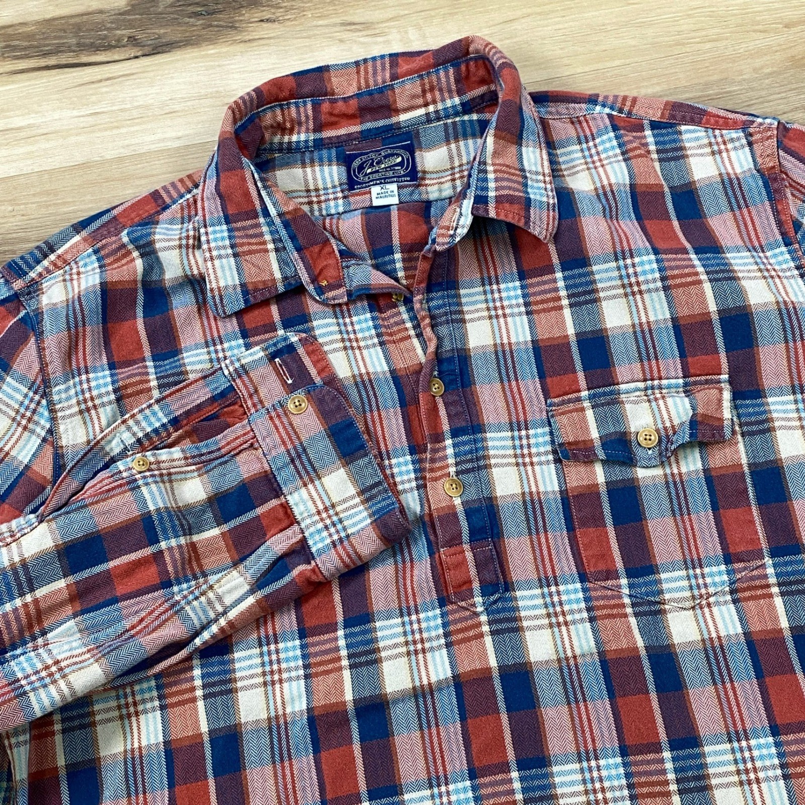 J. Crew Popover Shirt Mens XL Heritage Plaid Cotton Twill Red White Blue Regular