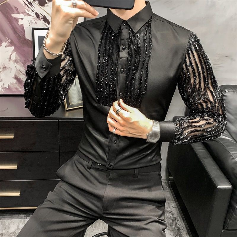 Men’s Fashion Lace Korean Slim Fit Shirts Casual Wedding Button Dress Shirts