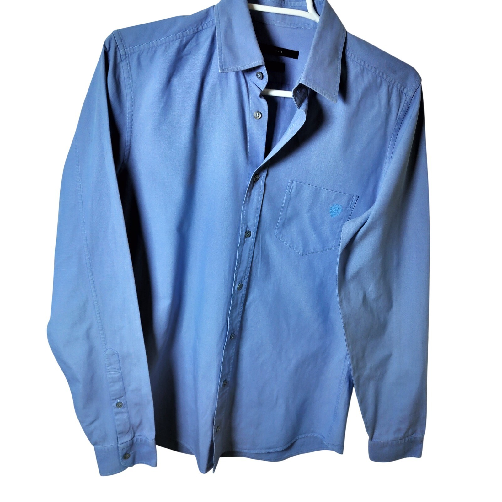 Gucci Mens Slim Fit Button Down Shirt Light Blue Crest Logo Long Sleeve 38 15