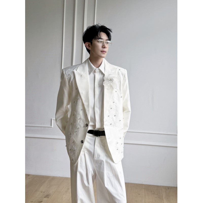 Men’s Lapel Long sleeve Rhinestones Floral Lace Coat Party Stage Suit Jacket