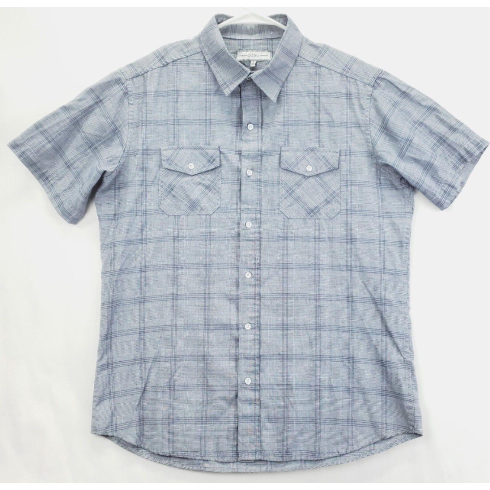 PD&C Shirt Mens Large Blue White Plaid Short Sleeve Classic Button-Up Cotton