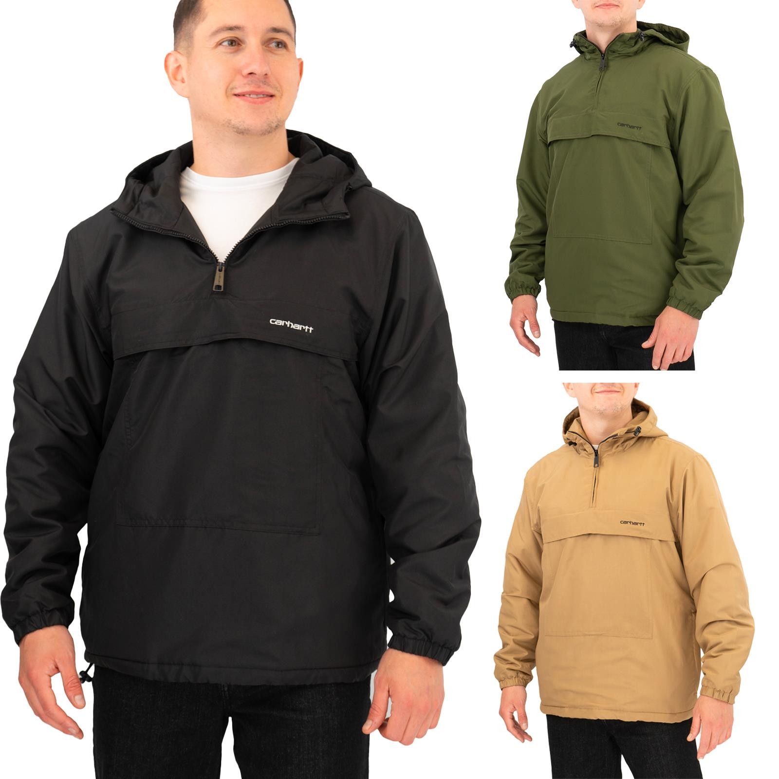 Carhartt WIP Mens Windbreaker Pullover Fleece Lined Hooded Black Green Stone