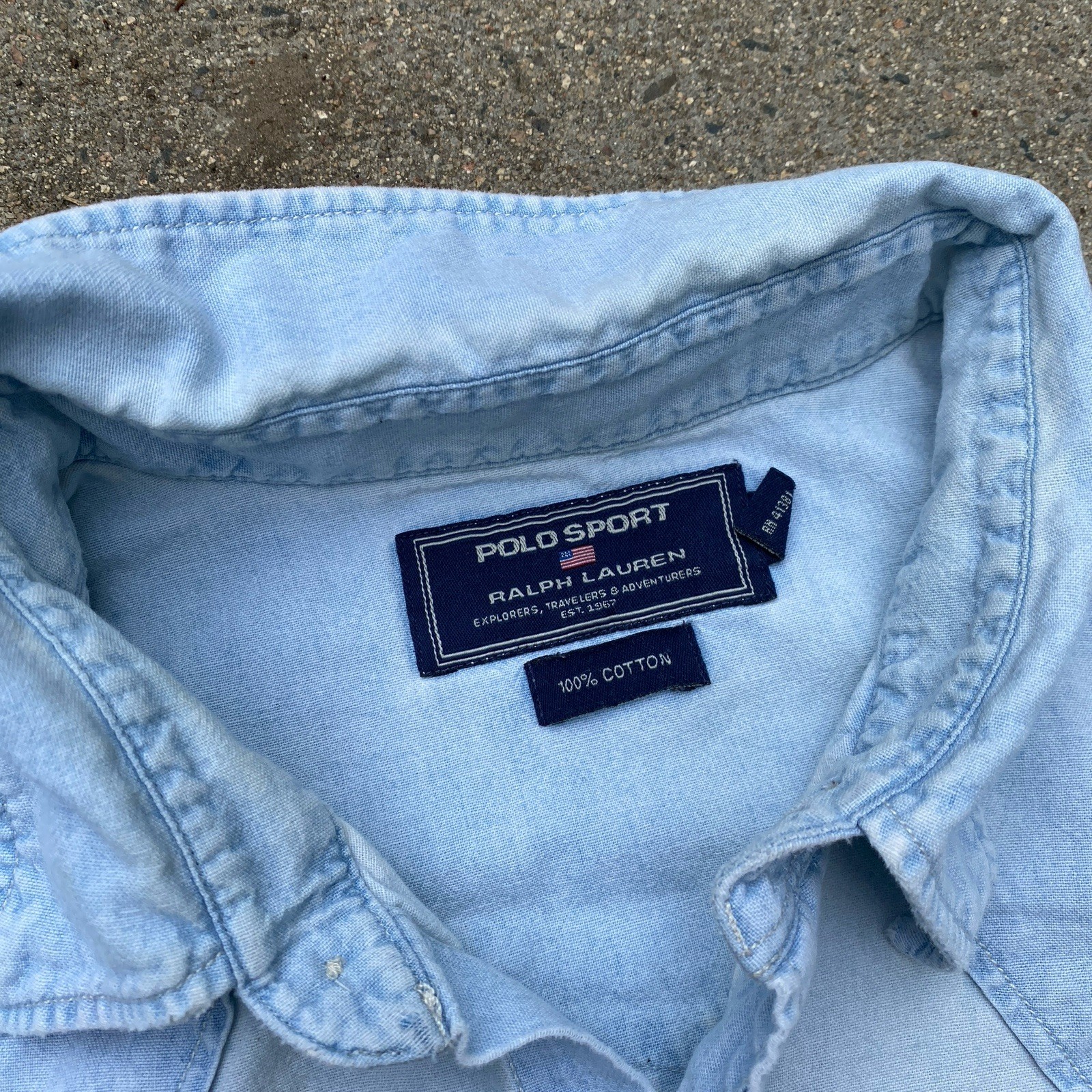 Polo Sport Denim Sawtooth Western Shirt Large Pearl Snap Distressed Light Wash